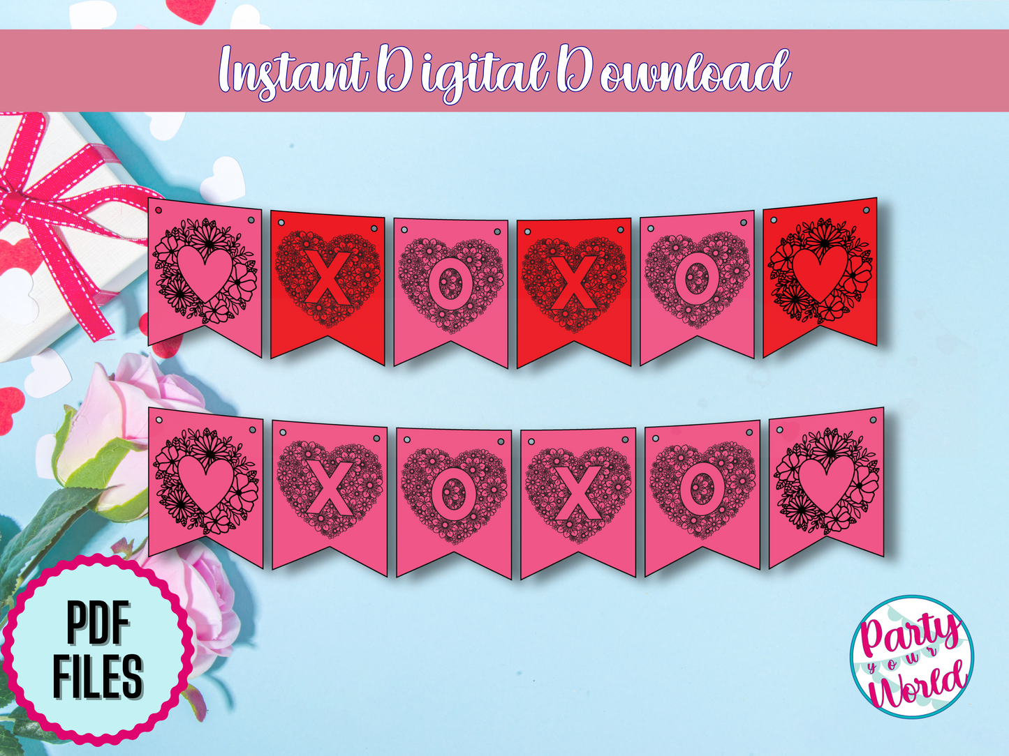 Black ink-only printable Valentine’s Day decor showcasing intricate floral hearts and 'X' and 'O' designs, ideal for printing on colored paper.
