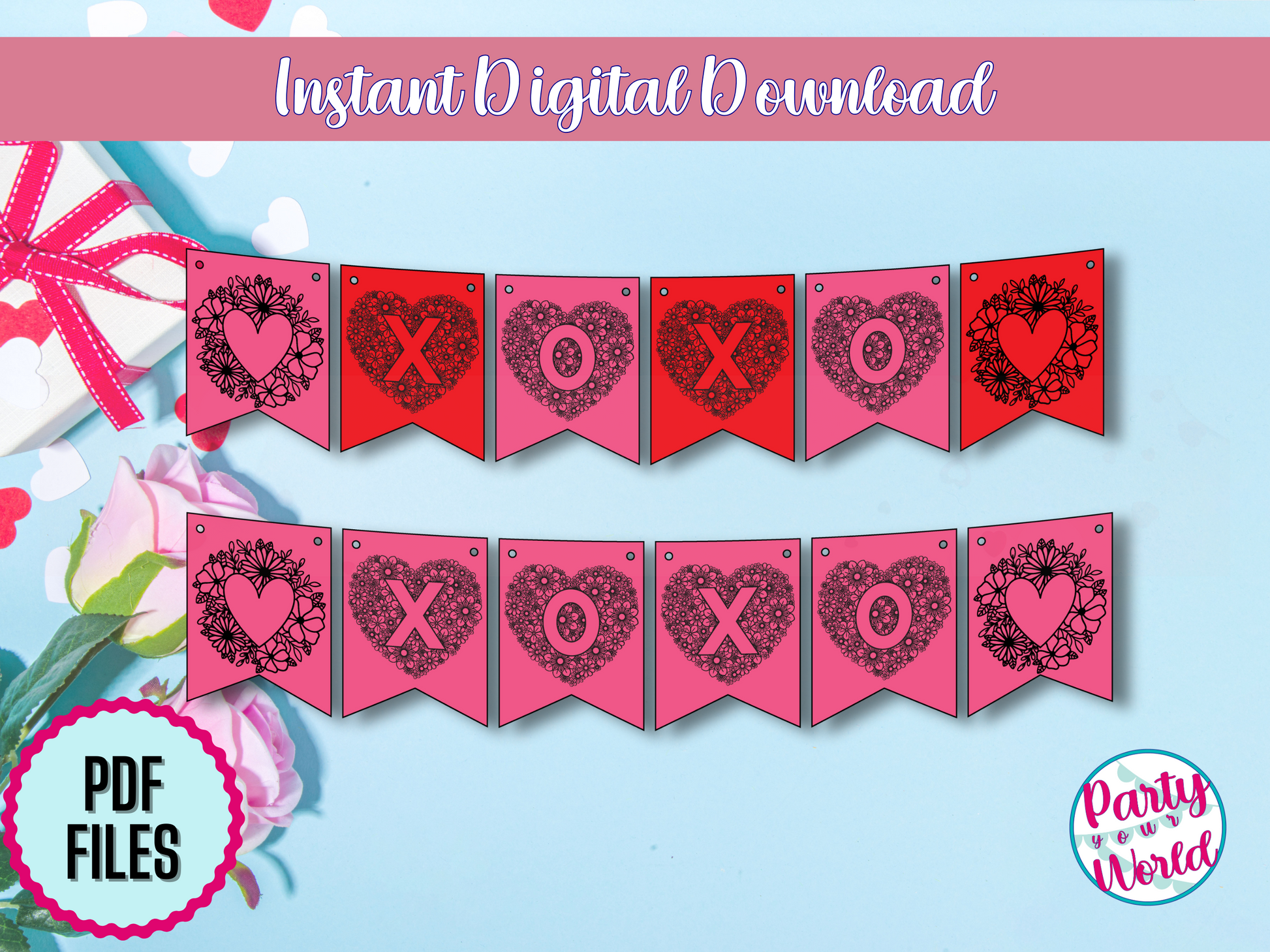 Black ink-only printable Valentine’s Day decor showcasing intricate floral hearts and 'X' and 'O' designs, ideal for printing on colored paper.