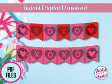 Load image into Gallery viewer, Black ink-only printable Valentine’s Day decor showcasing intricate floral hearts and &#39;X&#39; and &#39;O&#39; designs, ideal for printing on colored paper.