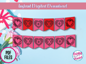 Black ink-only printable Valentine’s Day decor showcasing intricate floral hearts and 'X' and 'O' designs, ideal for printing on colored paper.