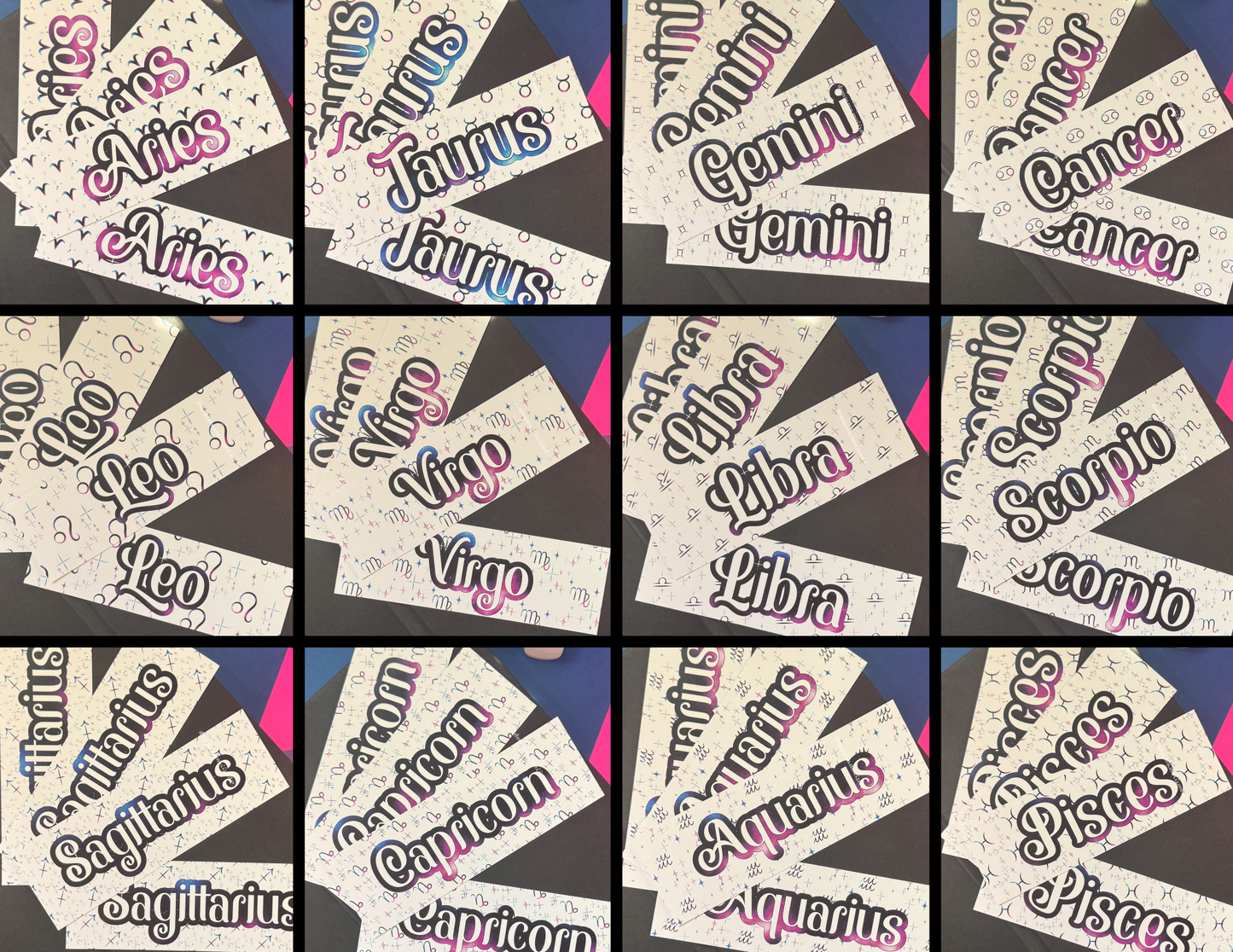 A 3x4 grid of 152 close-up product photos showing multiple cream-colored bookmarks with zodiac names in stylized black, pink, and blue lettering. The visible zodiac signs include Aries, Taurus, Gemini, Cancer, Libra, Scorpio, Sagittarius, Aquarius, Capricorn, and Pisces.