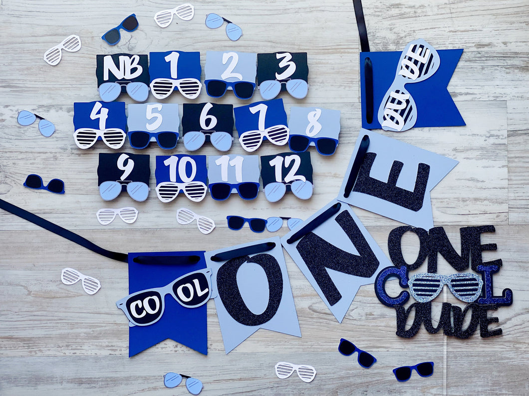 One Cool Dude Party Pack, High Chair banner, Photo Clips, Cake Topper and Confetti