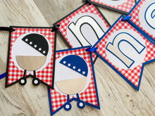 Load image into Gallery viewer, Barbeque ONE Banner, BBQ High Chair Banner, Grilling First Birthday Party Decorations, Red Gingham Cook-out 1st Birthday Party Decor