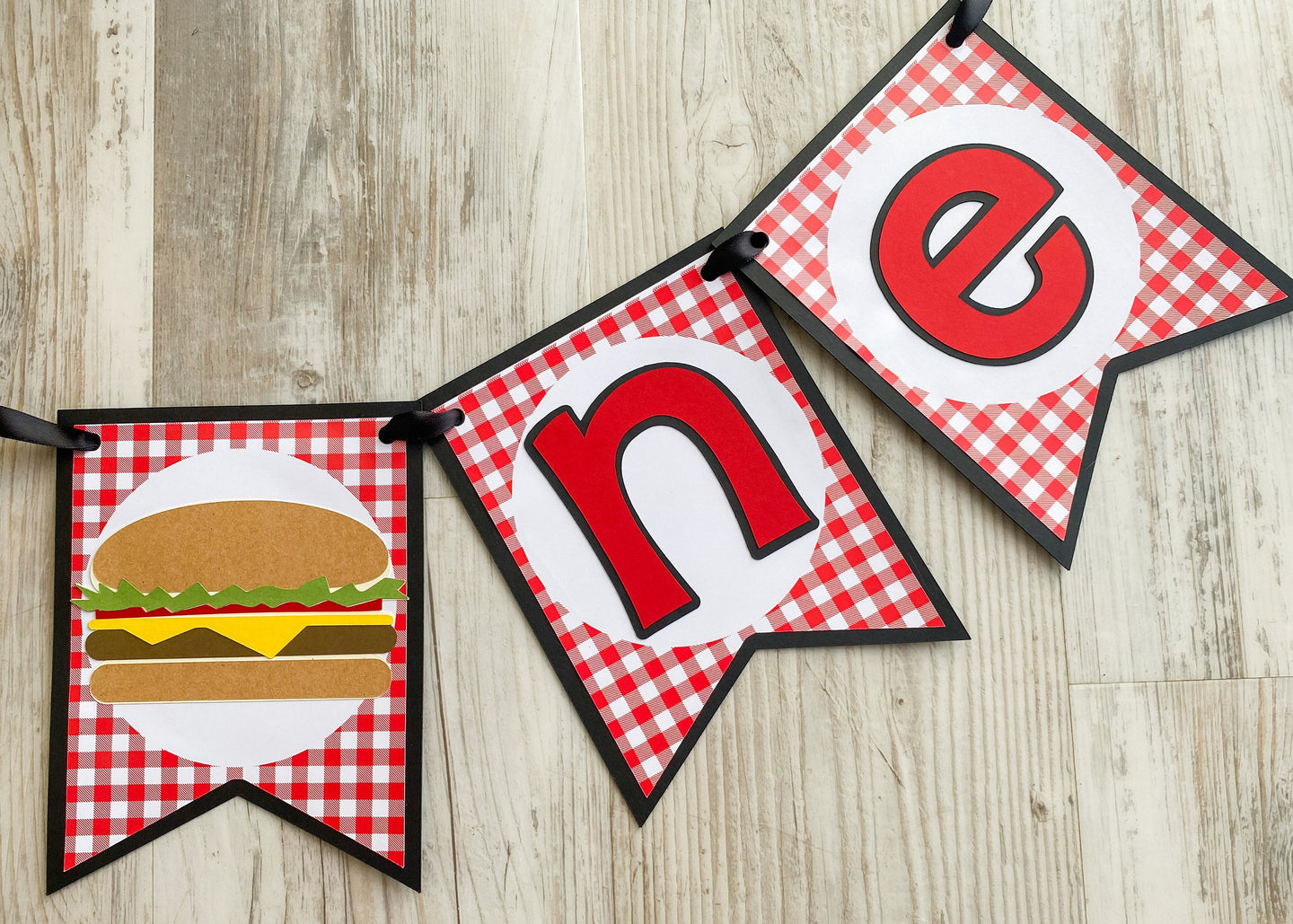 Hamburger ONE Banner, BBQ High Chair Banner, Cheeseburger First Birthday Party Decorations, Red Gingham Cook-out 1st Birthday Party Decor