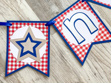 Load image into Gallery viewer, Fourth of July BBQ ONE Banner, July 4th Barbeque High Chair Banner, Cook-out 1st Birthday Party Decorations, USA First Bday Party Decor