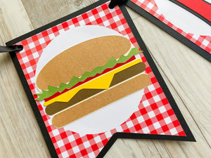 Hamburger ONE Banner, BBQ High Chair Banner, Cheeseburger First Birthday Party Decorations, Red Gingham Cook-out 1st Birthday Party Decor