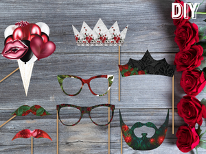 Printable DIY Dark Rose and Skull Galentine's Day Photo Booth Props - GD23