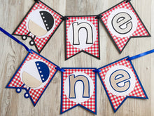 Load image into Gallery viewer, Barbeque ONE Banner, BBQ High Chair Banner, Grilling First Birthday Party Decorations, Red Gingham Cook-out 1st Birthday Party Decor