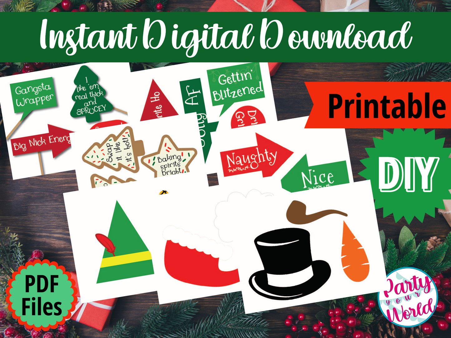 Naughty Christmas Cookie Swap Photo Props, Printable Instant Download Christmas Decorations
