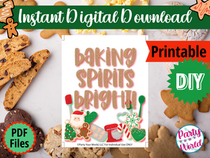 Cookie Swap Printable Sign, "Baking Spirits Bright" Instant Download Christmas Decorations