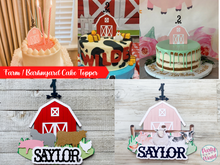 Load image into Gallery viewer, Barn Birthday Cake topper w/Age,  Farm Party Cake Decoration,  Glitter Farm Party Decor