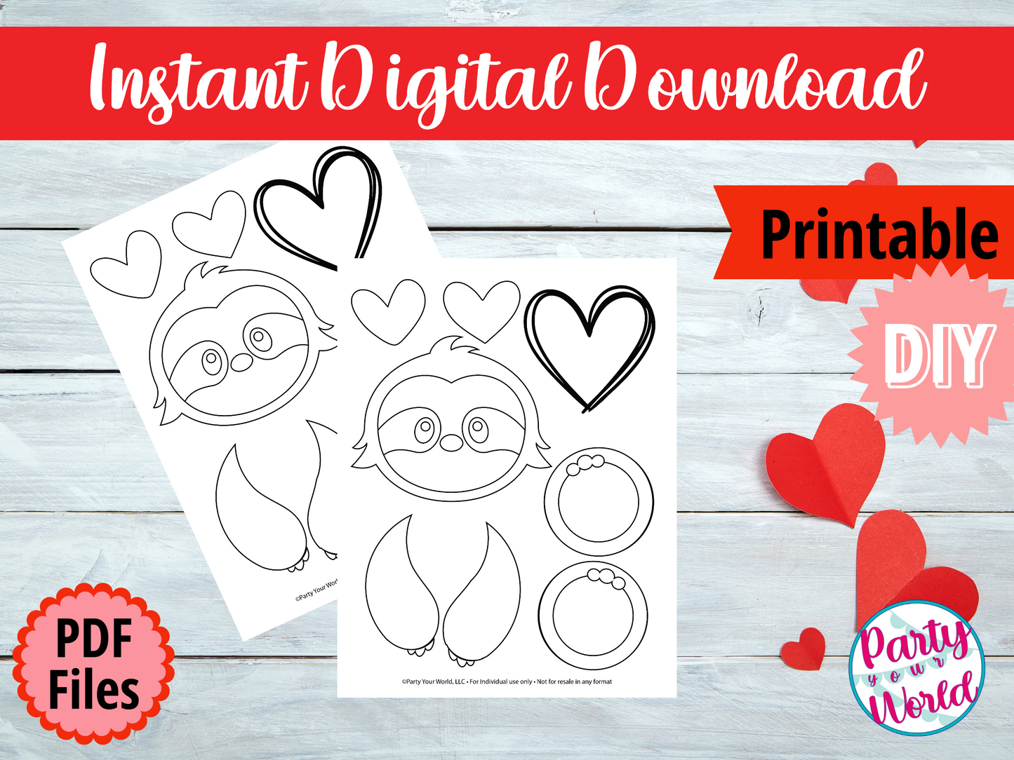 Printable Coloring Page Sloth Valentine's Day Mailbox/Bag Decorating Set