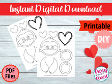 Load image into Gallery viewer, Printable Coloring Page Sloth Valentine&#39;s Day Mailbox/Bag Decorating Set