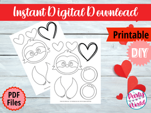 Printable Coloring Page Sloth Valentine's Day Mailbox/Bag Decorating Set