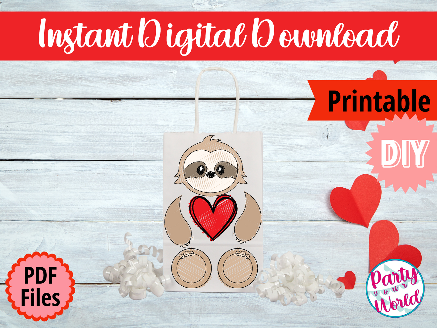 Printable Coloring Page Sloth Valentine's Day Mailbox/Bag Decorating Set