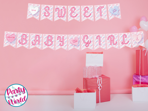 Valentine's Day Baby Shower Printable Banner, "Sweet Baby Girl" Valentine Heart DIY Banner, Digital Download Baby Shower Decorations -VB23