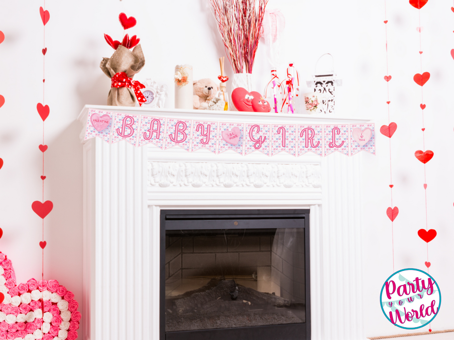 Valentine's Day Baby Shower Printable Banner, "Sweet Baby Girl" Valentine Heart DIY Banner, Digital Download Baby Shower Decorations -VB23