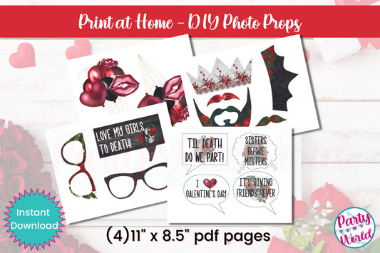 Printable DIY Dark Rose and Skull Galentine's Day Photo Booth Props - GD23