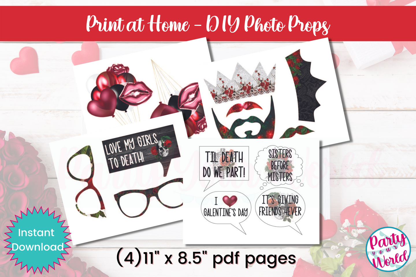 Printable DIY Dark Rose and Skull Galentine's Day Photo Booth Props - GD23