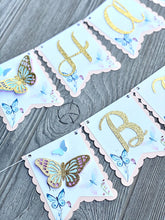 Load image into Gallery viewer, Butterfly Happy Birthday Banner, Butterfly Garden Birthday Decorations, Spring Birthday Party Decor, Custom Butterflies / Flower Banner