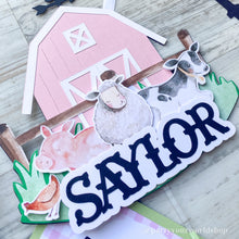 Load image into Gallery viewer, Watercolor Barnyard Animal Birthday Cake topper w/Name &amp; Age,  Personalized Farm Party Cake Decoration,  Glitter Farm Party Decor