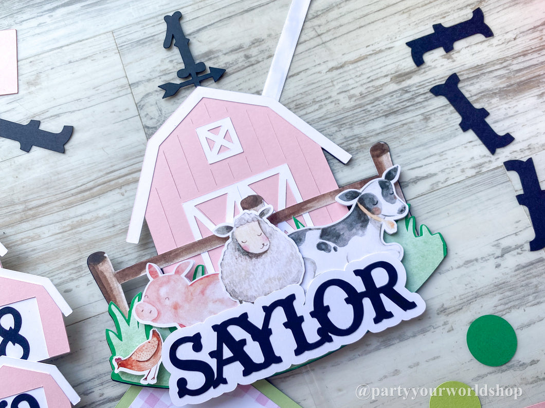 Watercolor Barnyard Animal Birthday Cake topper w/Name & Age,  Personalized Farm Party Cake Decoration,  Glitter Farm Party Decor