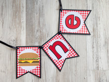 Load image into Gallery viewer, Hamburger ONE Banner, BBQ High Chair Banner, Cheeseburger First Birthday Party Decorations, Red Gingham Cook-out 1st Birthday Party Decor
