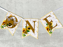 Load image into Gallery viewer, Sunflower Bee First Birthday Party Pack, High Chair banner, Photo Clips, Cake Topper and Confetti