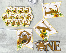 Load image into Gallery viewer, Sunflower Bee First Birthday Party Pack, High Chair banner, Photo Clips, Cake Topper and Confetti