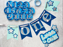 Load image into Gallery viewer, Twinkle Twinkle Little Star First Birthday Party Pack, Little Star High Chair Banner, Photo Clips, Cake Topper and Garland