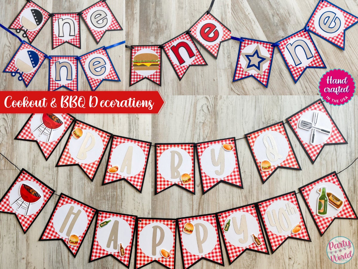 Barbeque ONE Banner, BBQ High Chair Banner, Grilling First Birthday Party Decorations, Red Gingham Cook-out 1st Birthday Party Decor