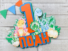 Load image into Gallery viewer, Dinosaur Birthday Cake topper w/Name &amp; Age,  Personalized Dino Party Cake Decoration,  Watercolor Dinosaur Party Decor