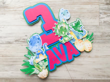 Load image into Gallery viewer, Three Rex Birthday Cake topper w/Name &amp; Age,  Personalized Dino Party Cake Decoration,  Watercolor Dinosaur Party Decor