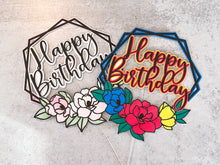 Load image into Gallery viewer, Black line Pastel Floral Happy Birthday Cake Topper