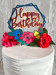 Black line Bright Floral Happy Birthday Cake Topper