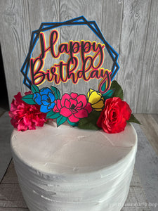 Black line Bright Floral Happy Birthday Cake Topper