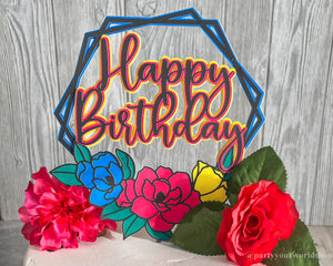 Black line Pastel Floral Happy Birthday Cake Topper