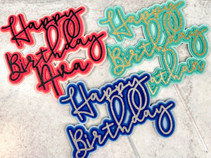 Ombre Happy Birthday Cake Topper, Personalized Birthday Decorations, Blue, Pink, Teal