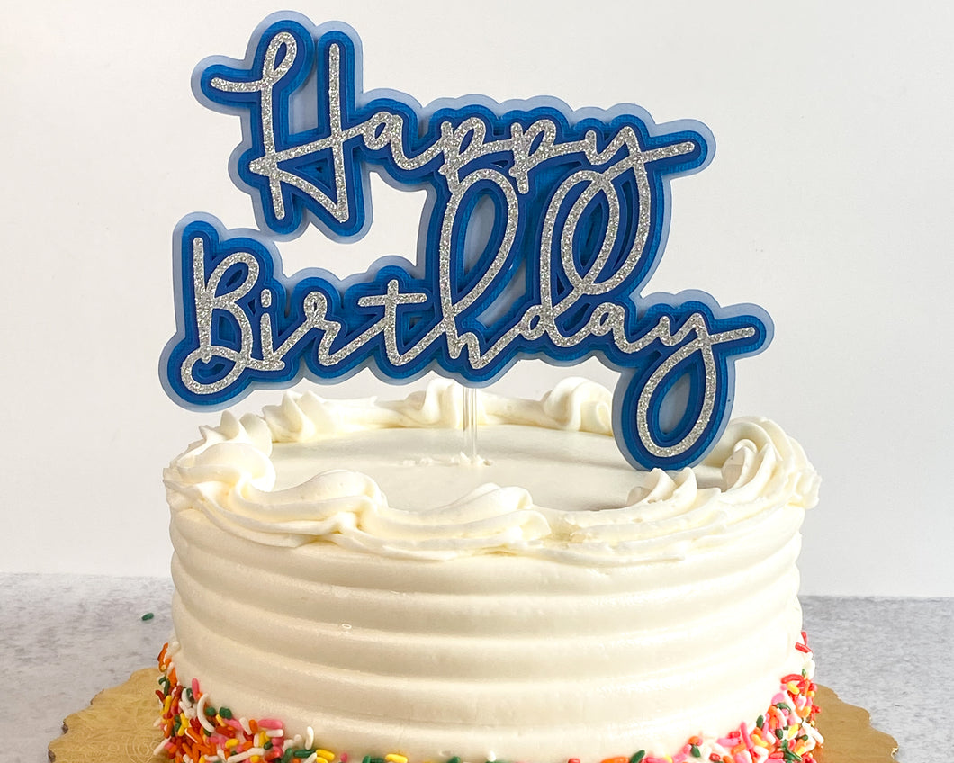 Ombre Happy Birthday Cake Topper, Personalized Birthday Decorations, Blue, Pink, Teal