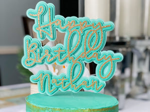 Teal Ombre Happy Birthday Cake Topper, Personalized Birthday Decorations