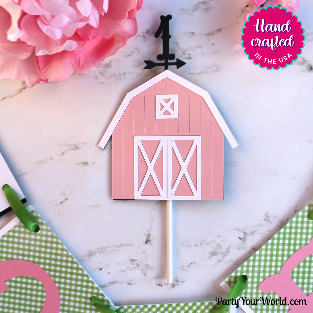 Mini Pink Barn Cake topper with Age, Glitter Farm Party Decor