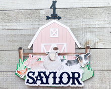Load image into Gallery viewer, Watercolor Barnyard Animal Birthday Cake topper w/Name &amp; Age,  Personalized Farm Party Cake Decoration,  Glitter Farm Party Decor
