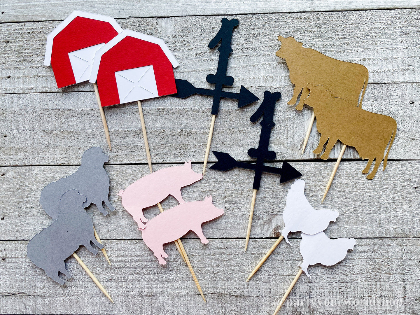 Farm Barnyard Cupcake Toppers, Barn Animal Theme Dessert Table Decor, Farm Birthday Party Decorations, Cow, Pig, Chicken, Sheep Cupcakes