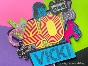 40th Birthday Cake Topper, 80s Neon Party Decorations, Personalized Fortieth Party Decor