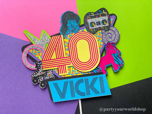 40th Birthday Cake Topper, 80s Neon Party Decorations, Personalized Fortieth Party Decor