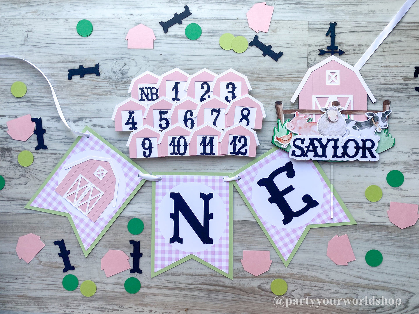 Barnyard/ Farm First Birthday Party Pack, High Chair banner, Photo Clips, Cake Topper and Confetti