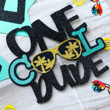 Load image into Gallery viewer, Tropical One Cool Dude Party Pack, High Chair banner, Photo Clips, Cake Topper and Confetti