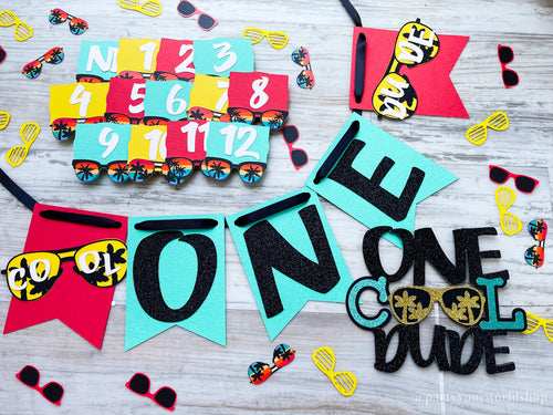 Tropical One Cool Dude Party Pack, High Chair banner, Photo Clips, Cake Topper and Confetti