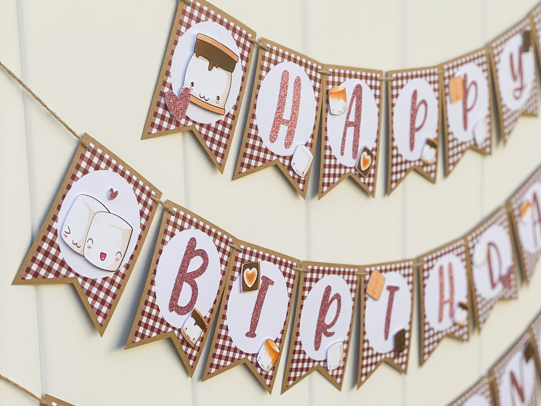 S'mores Happy Birthday Banner, Campfire Birthday Decorations