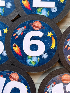 Space First Year Photo Clips, 1st Trip Around the Sun Birthday Picture Banner, Solar System Galaxy Monthly Milestone Pic Display